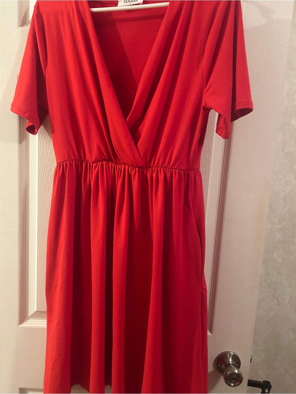 Zenana Outfitters Red Surplice Short Sleeve Dress